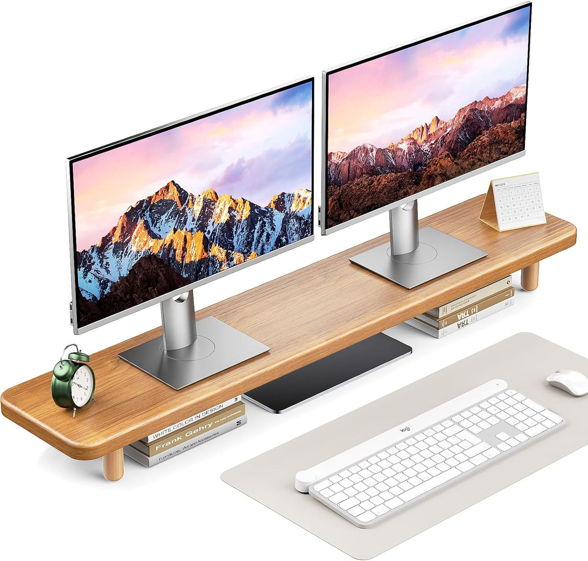 Dual Monitor Stand Riser, 39 Inch Extra Long Wooden Desktop Monitor Riser with Storage for 2 Monitors Ultra Strong Desk Shelf Organizer Riser Ergonomic for 2 Screens/Laptop/PC/TV/Printer (Walut brown, 39inches)