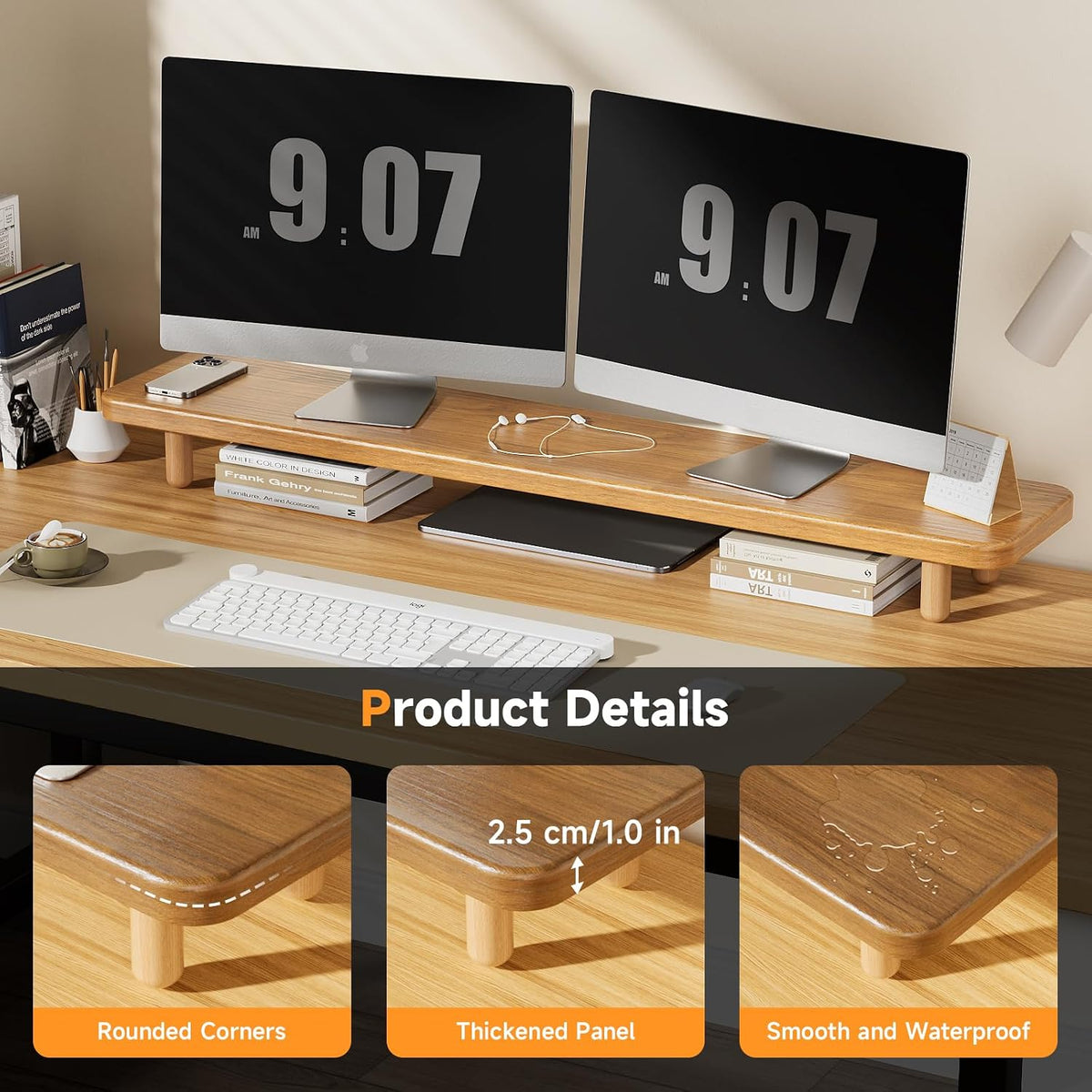 Dual Monitor Stand Riser, 39 Inch Extra Long Wooden Desktop Monitor Riser with Storage for 2 Monitors Ultra Strong Desk Shelf Organizer Riser Ergonomic for 2 Screens/Laptop/PC/TV/Printer (Walut brown, 39inches)