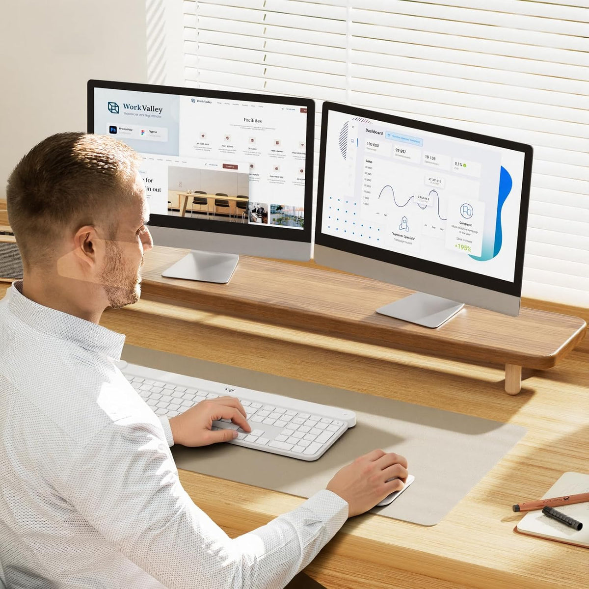 Dual Monitor Stand Riser, 39 Inch Extra Long Wooden Desktop Monitor Riser with Storage for 2 Monitors Ultra Strong Desk Shelf Organizer Riser Ergonomic for 2 Screens/Laptop/PC/TV/Printer (Walut brown, 39inches)
