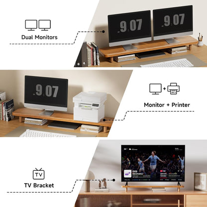 Dual Monitor Stand Riser, 39 Inch Extra Long Wooden Desktop Monitor Riser with Storage for 2 Monitors Ultra Strong Desk Shelf Organizer Riser Ergonomic for 2 Screens/Laptop/PC/TV/Printer (Walut brown, 39inches)