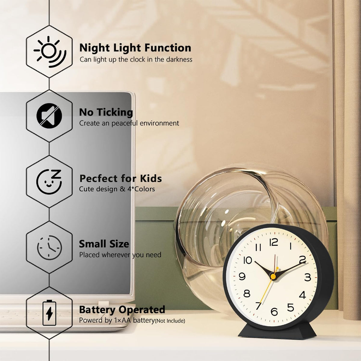 ® 4.5" Analog Alarm Clock, Small Retro Desk Clock and Table Clock