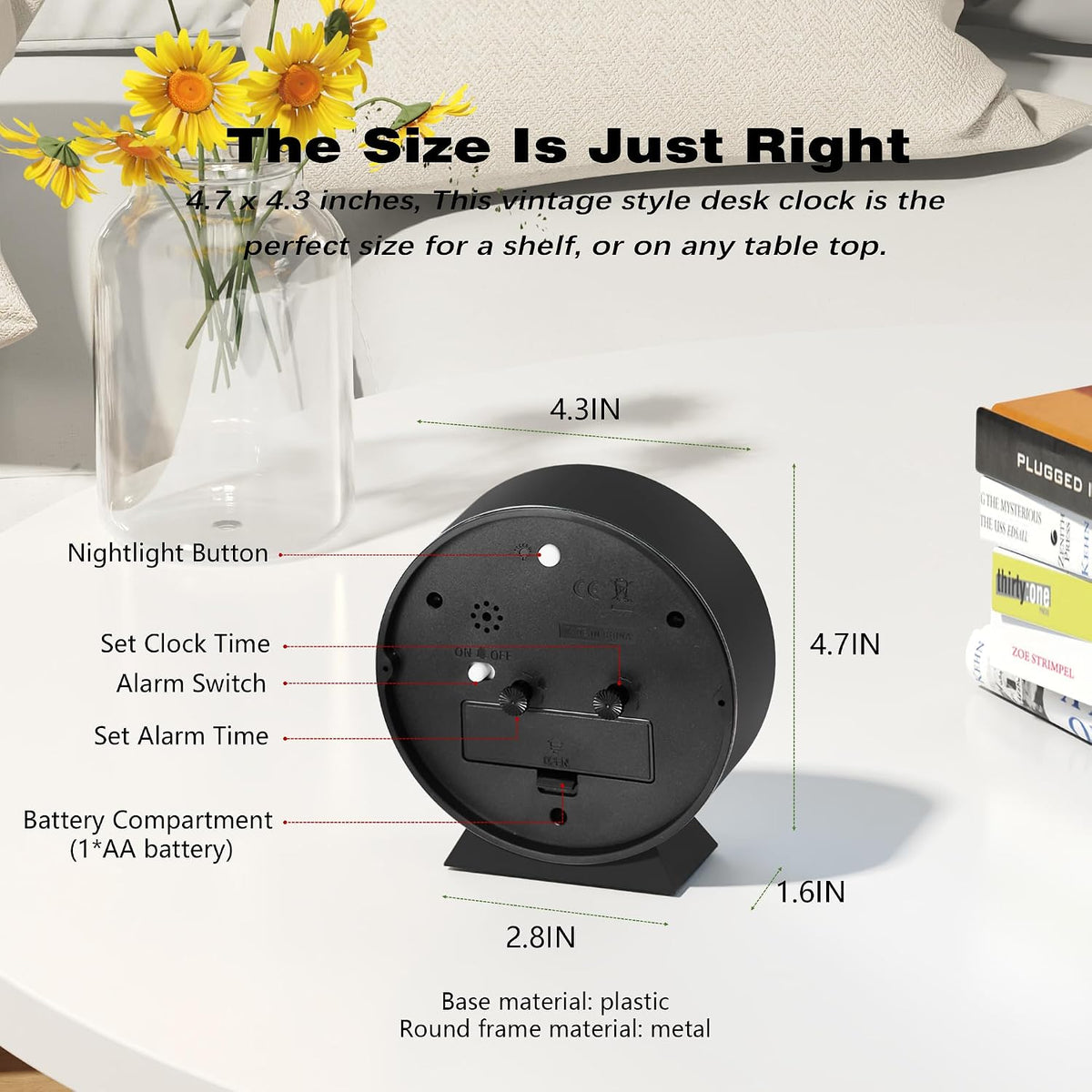 ® 4.5" Analog Alarm Clock, Small Retro Desk Clock and Table Clock
