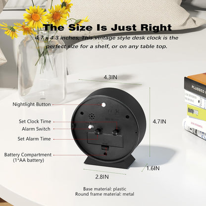 ® 4.5" Analog Alarm Clock, Small Retro Desk Clock and Table Clock