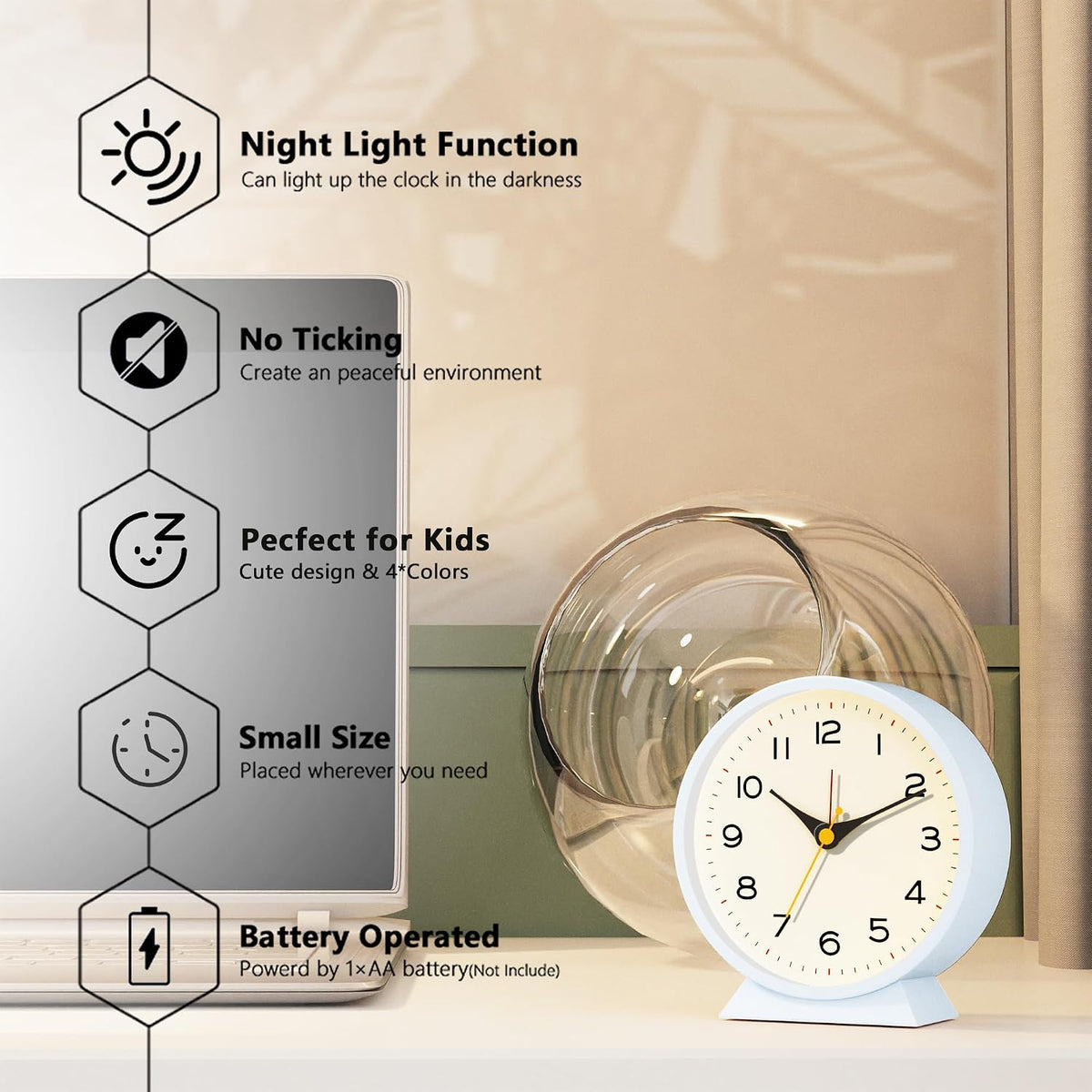 ® 4.5" Analog Alarm Clock, Small Retro Desk Clock and Table Clock