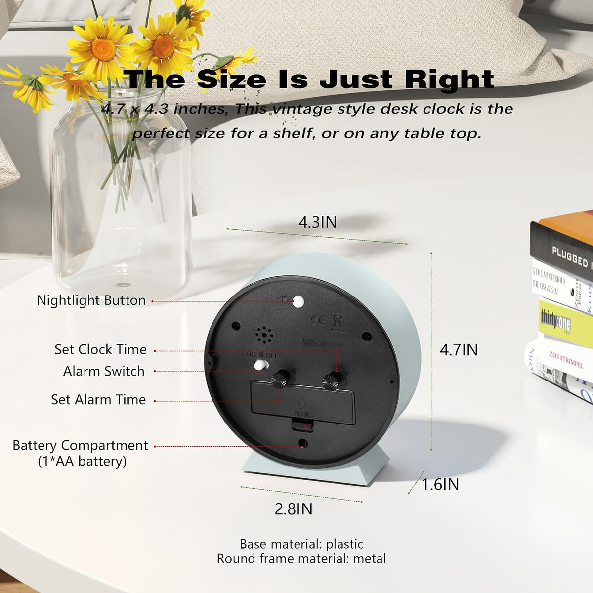 ® 4.5" Analog Alarm Clock, Small Retro Desk Clock and Table Clock