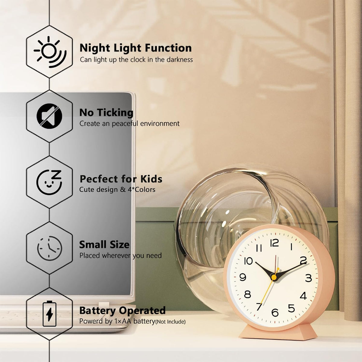 ® 4.5" Analog Alarm Clock, Small Retro Desk Clock and Table Clock