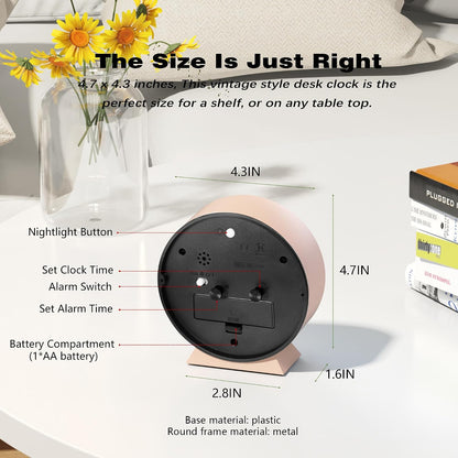 ® 4.5" Analog Alarm Clock, Small Retro Desk Clock and Table Clock