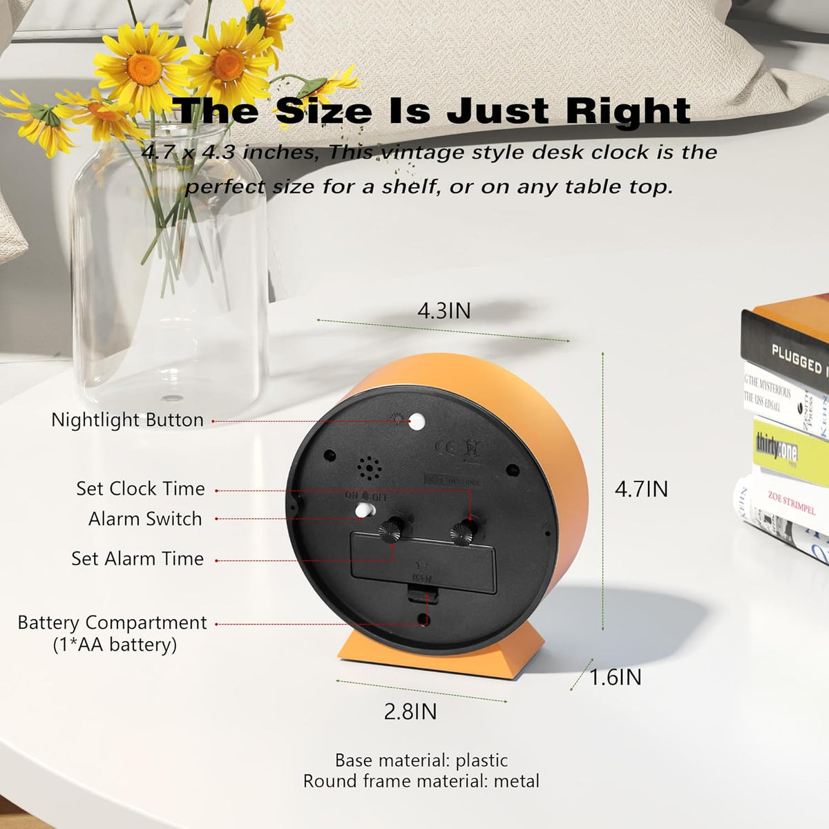 ® 4.5" Analog Alarm Clock, Small Retro Desk Clock and Table Clock
