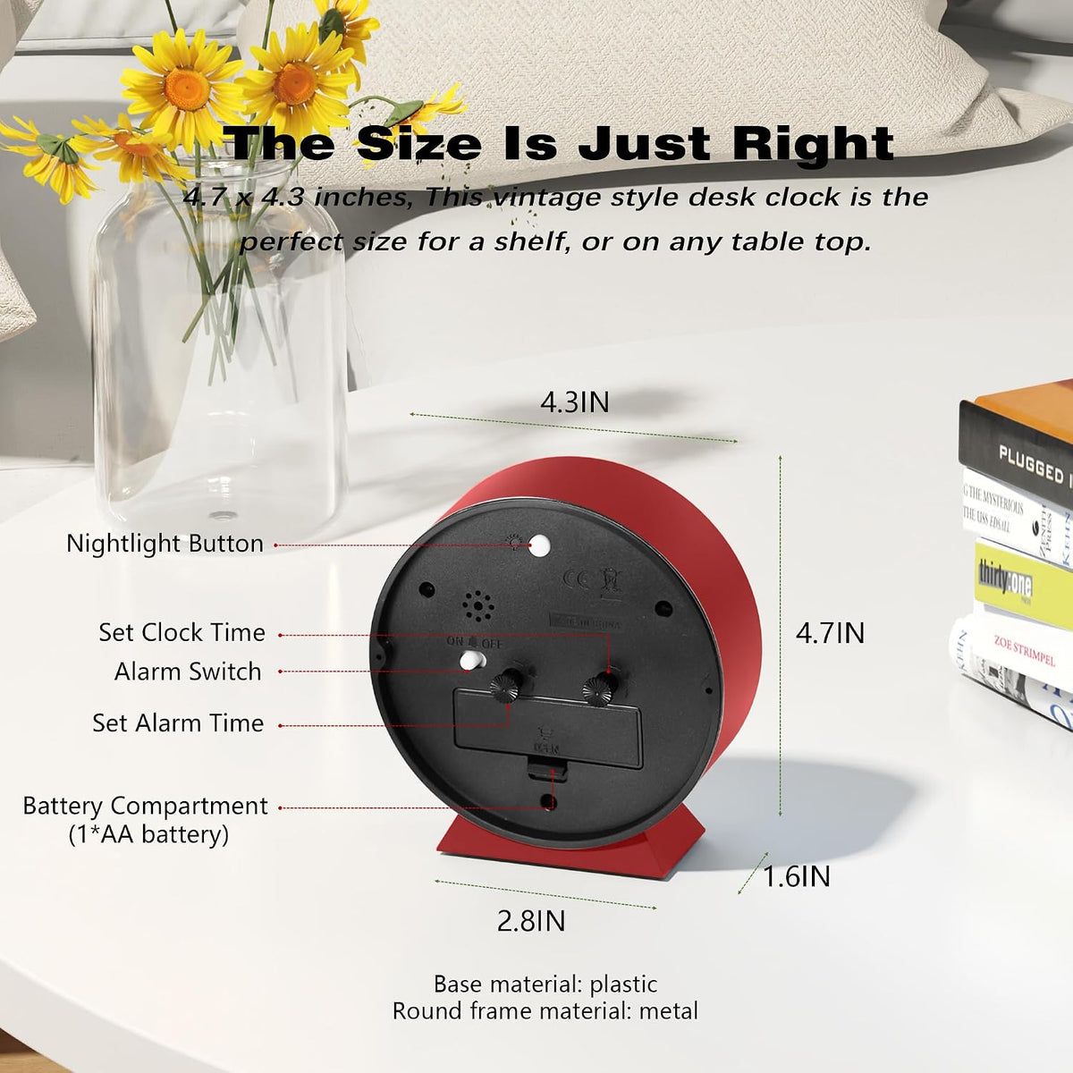® 4.5" Analog Alarm Clock, Small Retro Desk Clock and Table Clock