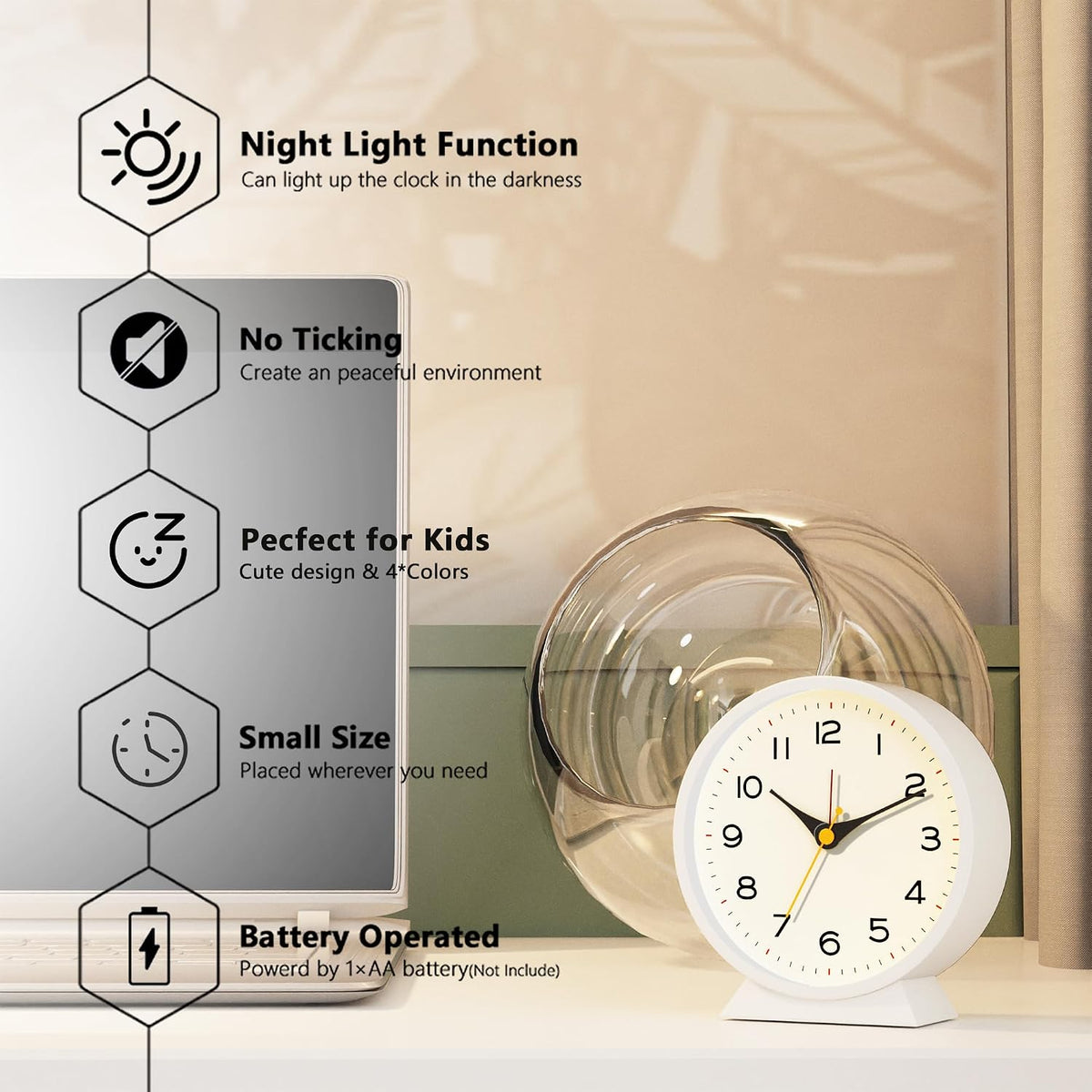 ® 4.5" Analog Alarm Clock, Small Retro Desk Clock and Table Clock