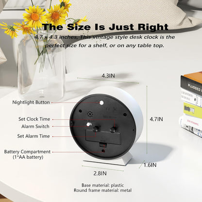 ® 4.5" Analog Alarm Clock, Small Retro Desk Clock and Table Clock
