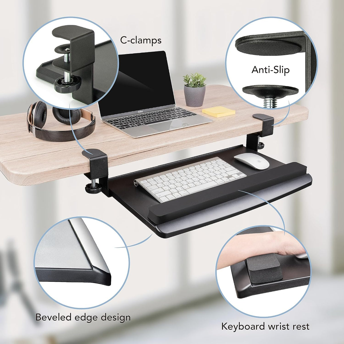 EHO Large Ergonomic C-Clamp Keyboard Tray Mount Under Desk with Wrist Rest, Slide-Out Platform 27.5" (31.8" Including Clamps) x 12.5", Pull Out Keyboard & Mouse Tray for Home or Office, Black