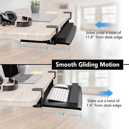 EHO Large Ergonomic C-Clamp Keyboard Tray Mount Under Desk with Wrist Rest, Slide-Out Platform 27.5" (31.8" Including Clamps) x 12.5", Pull Out Keyboard & Mouse Tray for Home or Office, Black