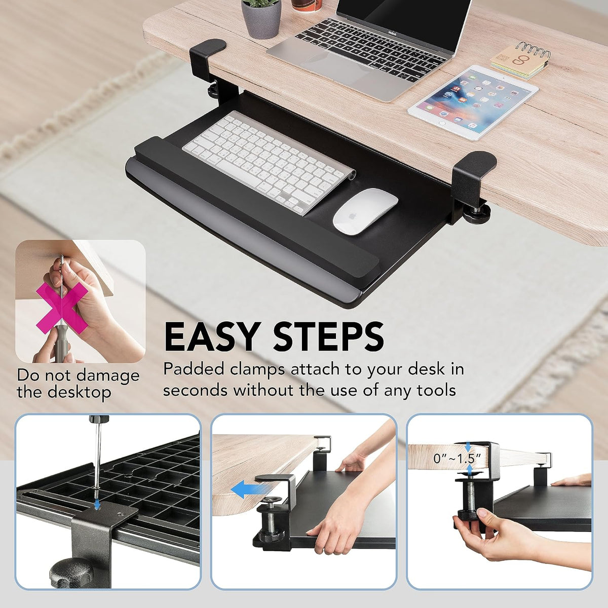 EHO Large Ergonomic C-Clamp Keyboard Tray Mount Under Desk with Wrist Rest, Slide-Out Platform 27.5" (31.8" Including Clamps) x 12.5", Pull Out Keyboard & Mouse Tray for Home or Office, Black