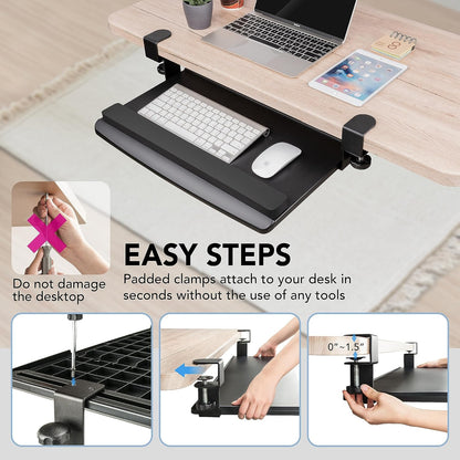 EHO Large Ergonomic C-Clamp Keyboard Tray Mount Under Desk with Wrist Rest, Slide-Out Platform 27.5" (31.8" Including Clamps) x 12.5", Pull Out Keyboard & Mouse Tray for Home or Office, Black