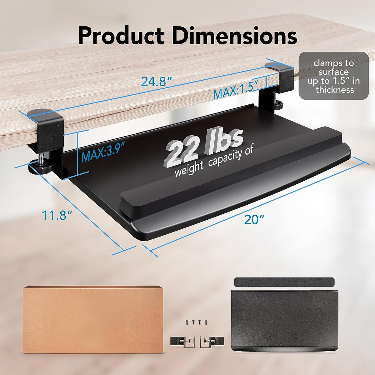 EHO Large Ergonomic C-Clamp Keyboard Tray Mount Under Desk with Wrist Rest, Slide-Out Platform 27.5" (31.8" Including Clamps) x 12.5", Pull Out Keyboard & Mouse Tray for Home or Office, Black