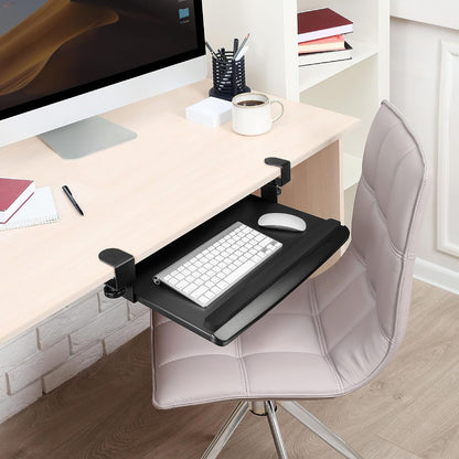 EHO Large Ergonomic C-Clamp Keyboard Tray Mount Under Desk with Wrist Rest, Slide-Out Platform 27.5" (31.8" Including Clamps) x 12.5", Pull Out Keyboard & Mouse Tray for Home or Office, Black