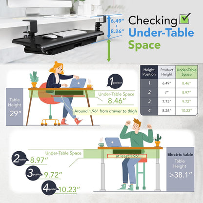 EHO Large Ergonomic C-Clamp Keyboard Tray Mount Under Desk with Wrist Rest, Slide-Out Platform 27.5" (31.8" Including Clamps) x 12.5", Pull Out Keyboard & Mouse Tray for Home or Office, Black