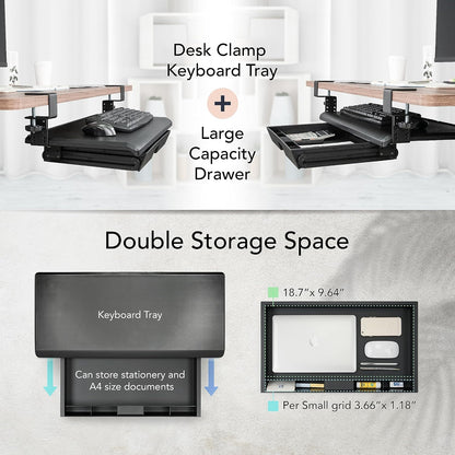 EHO Large Ergonomic C-Clamp Keyboard Tray Mount Under Desk with Wrist Rest, Slide-Out Platform 27.5" (31.8" Including Clamps) x 12.5", Pull Out Keyboard & Mouse Tray for Home or Office, Black