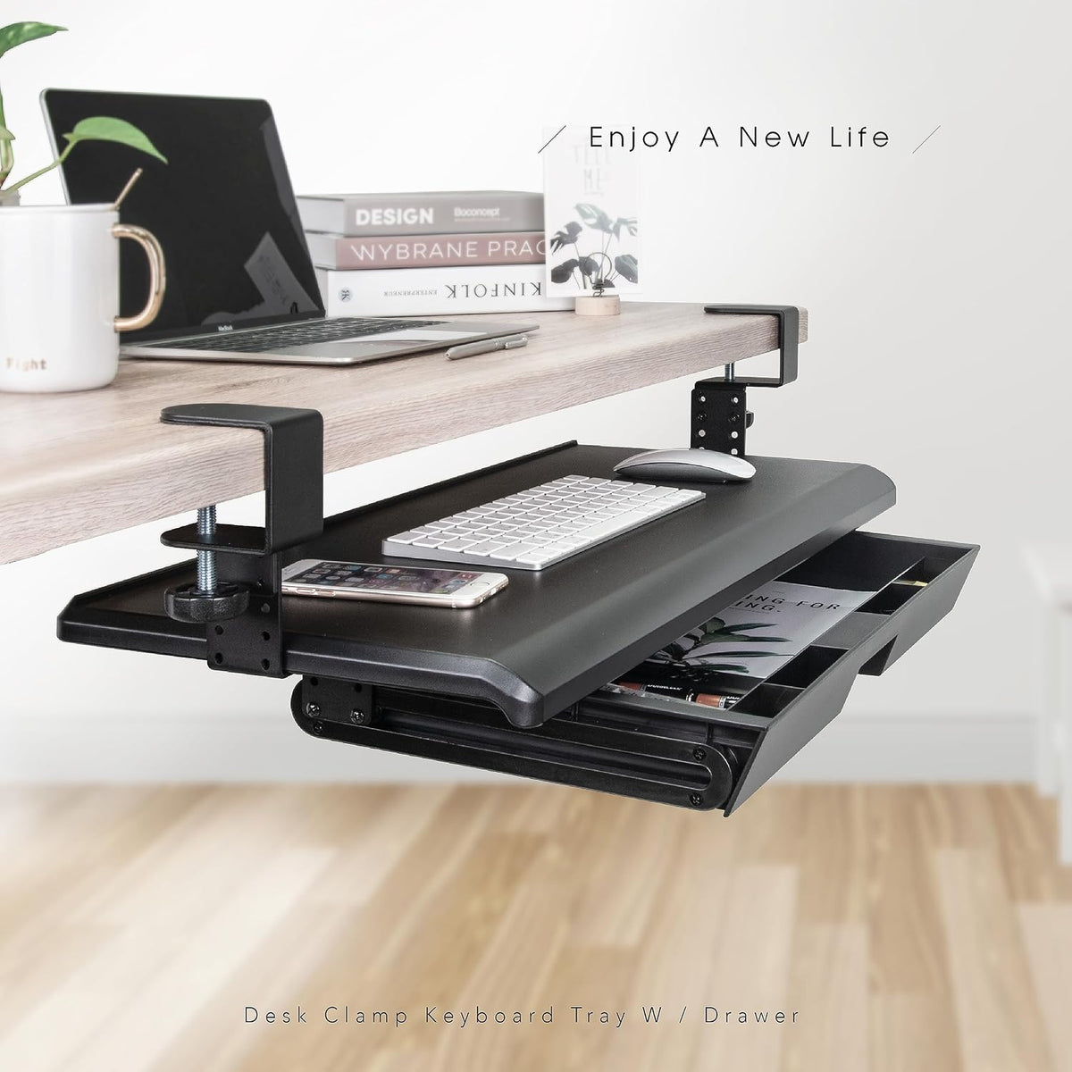 EHO Large Ergonomic C-Clamp Keyboard Tray Mount Under Desk with Wrist Rest, Slide-Out Platform 27.5" (31.8" Including Clamps) x 12.5", Pull Out Keyboard & Mouse Tray for Home or Office, Black