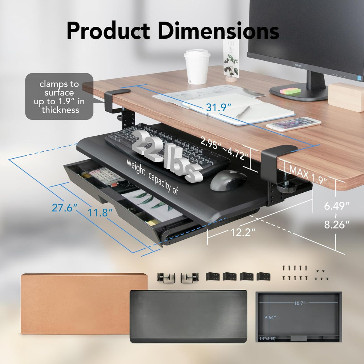 EHO Large Ergonomic C-Clamp Keyboard Tray Mount Under Desk with Wrist Rest, Slide-Out Platform 27.5" (31.8" Including Clamps) x 12.5", Pull Out Keyboard & Mouse Tray for Home or Office, Black