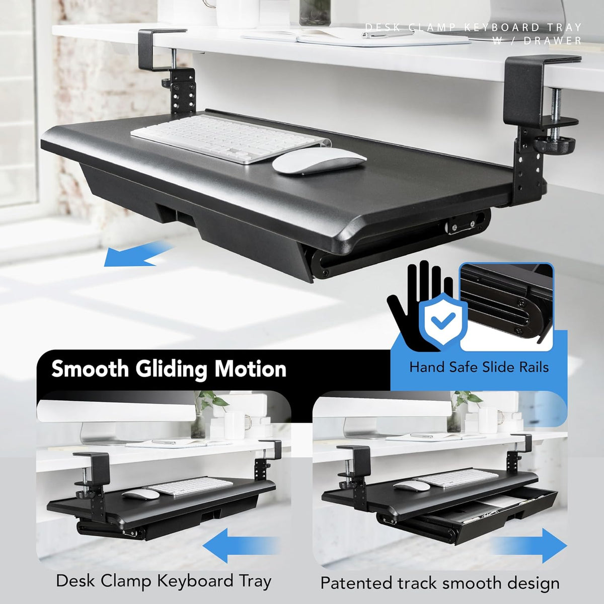 EHO Large Ergonomic C-Clamp Keyboard Tray Mount Under Desk with Wrist Rest, Slide-Out Platform 27.5" (31.8" Including Clamps) x 12.5", Pull Out Keyboard & Mouse Tray for Home or Office, Black