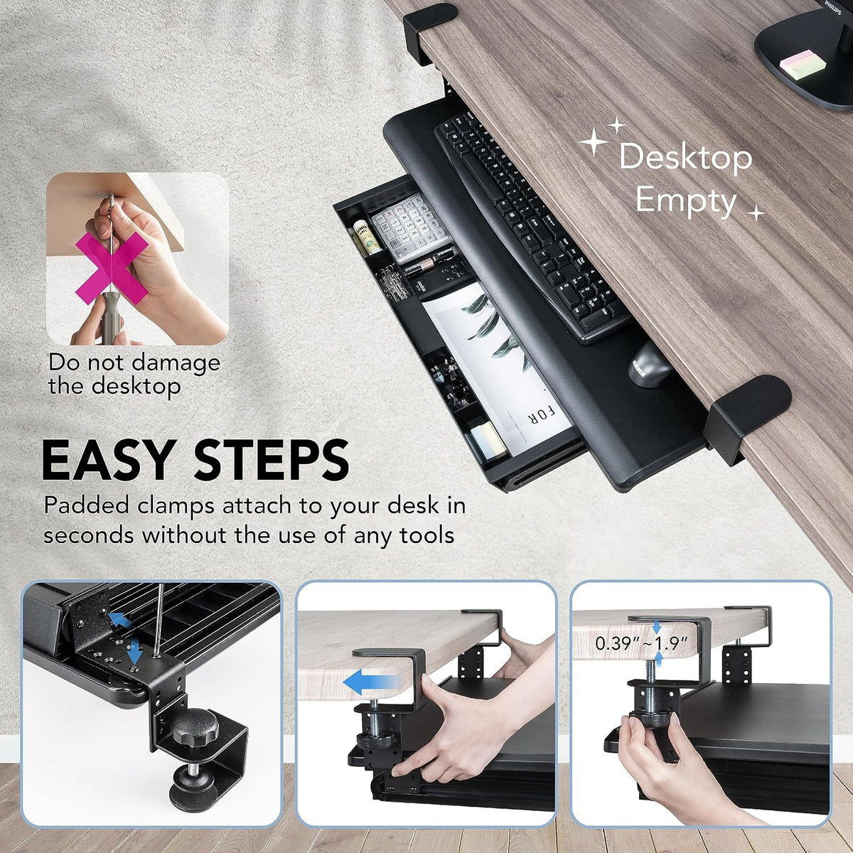 EHO Large Ergonomic C-Clamp Keyboard Tray Mount Under Desk with Wrist Rest, Slide-Out Platform 27.5" (31.8" Including Clamps) x 12.5", Pull Out Keyboard & Mouse Tray for Home or Office, Black