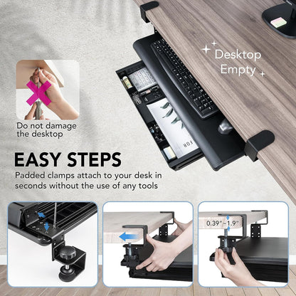 EHO Large Ergonomic C-Clamp Keyboard Tray Mount Under Desk with Wrist Rest, Slide-Out Platform 27.5" (31.8" Including Clamps) x 12.5", Pull Out Keyboard & Mouse Tray for Home or Office, Black