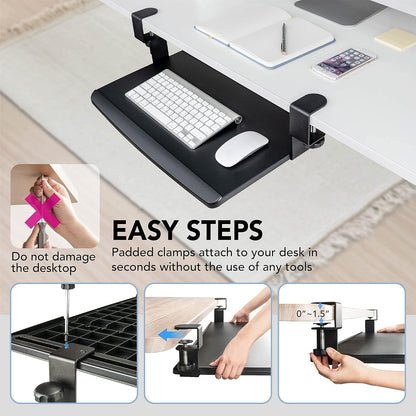 EHO Large Ergonomic C-Clamp Keyboard Tray Mount Under Desk with Wrist Rest, Slide-Out Platform 27.5" (31.8" Including Clamps) x 12.5", Pull Out Keyboard & Mouse Tray for Home or Office, Black
