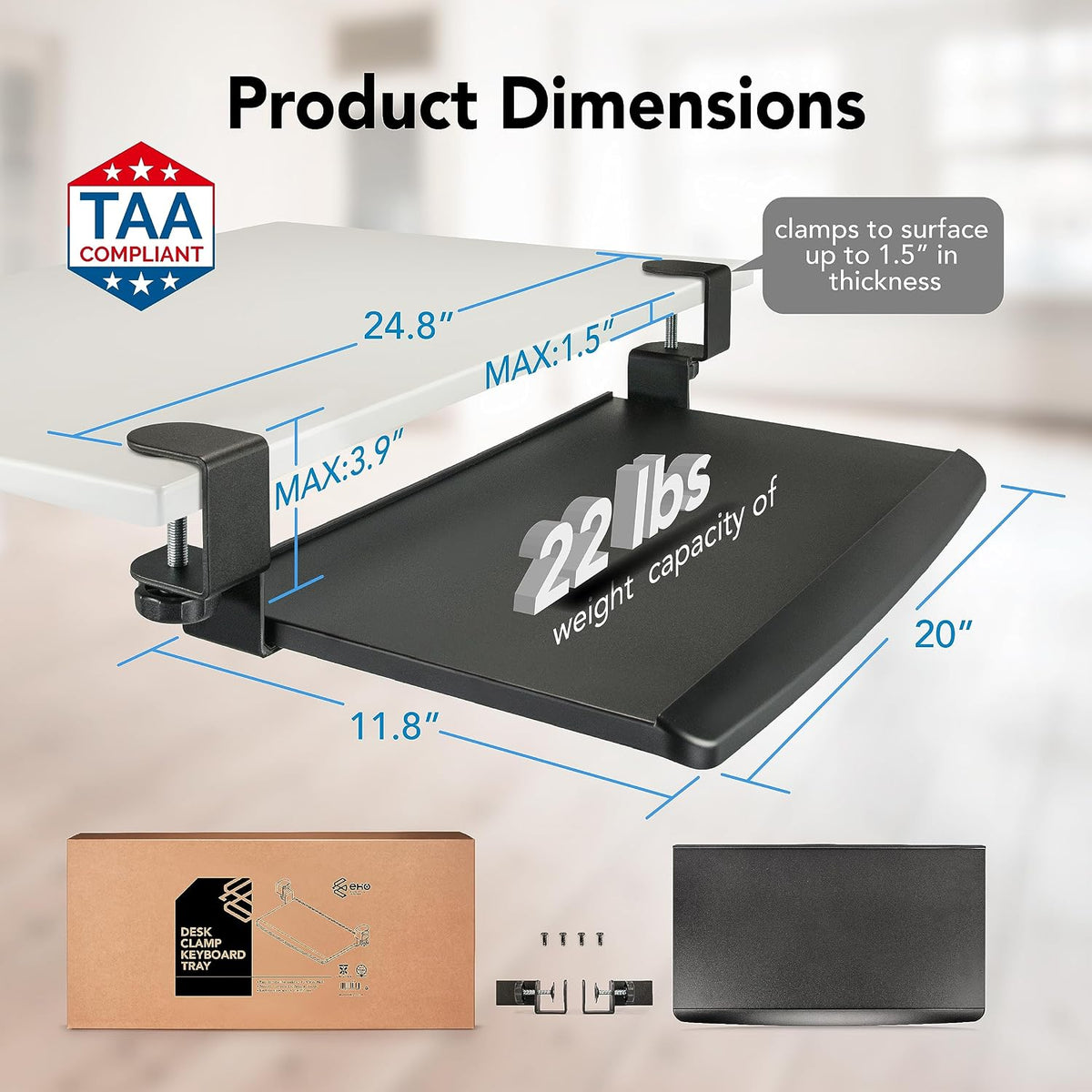 EHO Large Ergonomic C-Clamp Keyboard Tray Mount Under Desk with Wrist Rest, Slide-Out Platform 27.5" (31.8" Including Clamps) x 12.5", Pull Out Keyboard & Mouse Tray for Home or Office, Black