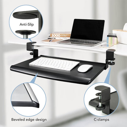 EHO Large Ergonomic C-Clamp Keyboard Tray Mount Under Desk with Wrist Rest, Slide-Out Platform 27.5" (31.8" Including Clamps) x 12.5", Pull Out Keyboard & Mouse Tray for Home or Office, Black