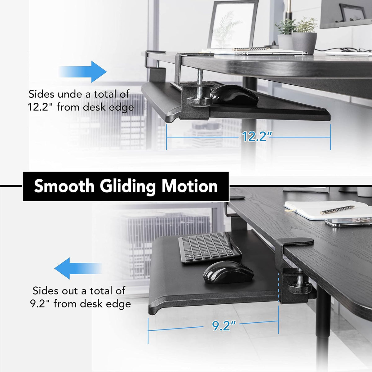 EHO Large Ergonomic C-Clamp Keyboard Tray Mount Under Desk with Wrist Rest, Slide-Out Platform 27.5" (31.8" Including Clamps) x 12.5", Pull Out Keyboard & Mouse Tray for Home or Office, Black
