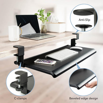 EHO Large Ergonomic C-Clamp Keyboard Tray Mount Under Desk with Wrist Rest, Slide-Out Platform 27.5" (31.8" Including Clamps) x 12.5", Pull Out Keyboard & Mouse Tray for Home or Office, Black