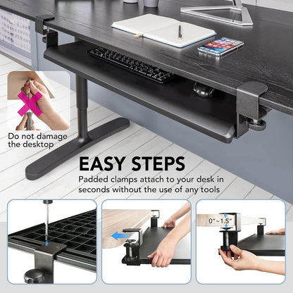 EHO Large Ergonomic C-Clamp Keyboard Tray Mount Under Desk with Wrist Rest, Slide-Out Platform 27.5" (31.8" Including Clamps) x 12.5", Pull Out Keyboard & Mouse Tray for Home or Office, Black