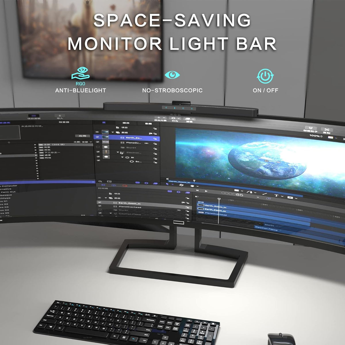 Curved Monitor Light Bar with Wireless Remote,Monitor Auto-Dimming and Camera Base,Applicable to All Screens. No Screen Glare,for Home Office