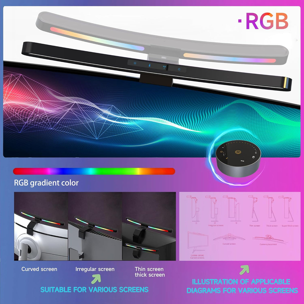 Curved Monitor Light Bar with Wireless Remote,Monitor Auto-Dimming and Camera Base,Applicable to All Screens. No Screen Glare,for Home Office