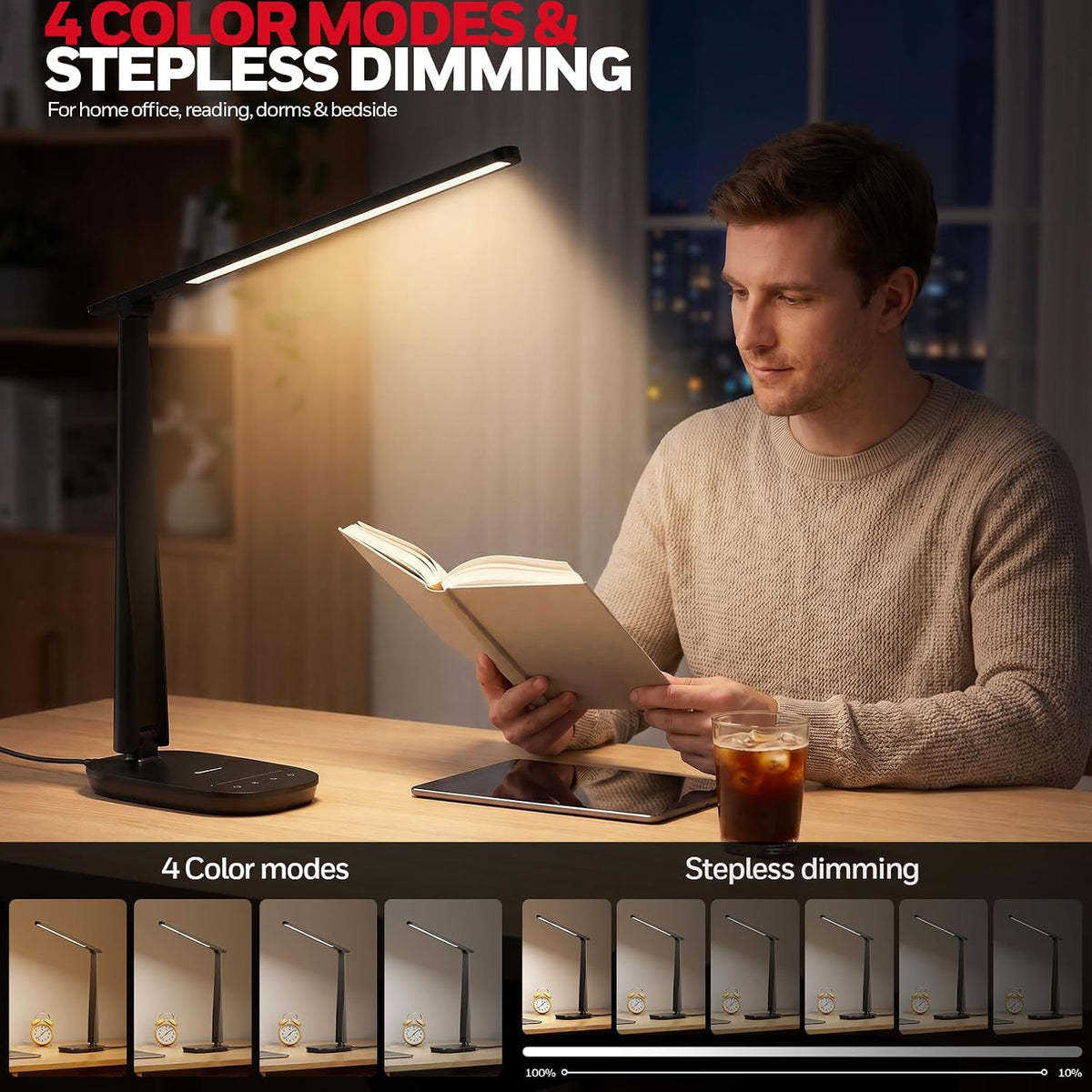 Honeywell LED Desk Lamp for Home Office Eye-Caring Dimmable Reading Light