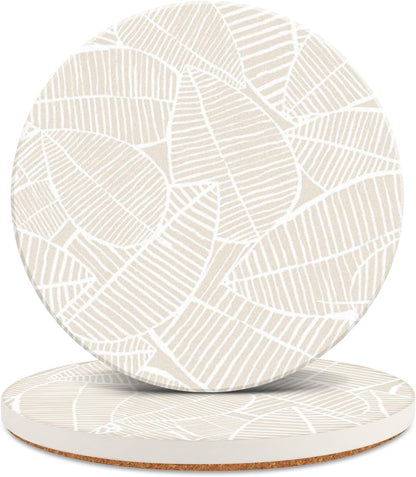 Ceramic Absorbent Table Coasters Set of 2 - Heat-Resistant Desk Cup Coasters with Cork Base, Leaf Design Protect Furniture (2Pack)