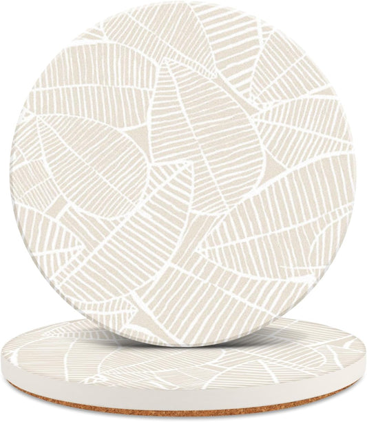 Ceramic Absorbent Table Coasters Set of 2 - Heat-Resistant Desk Cup Coasters with Cork Base, Leaf Design Protect Furniture (2Pack)