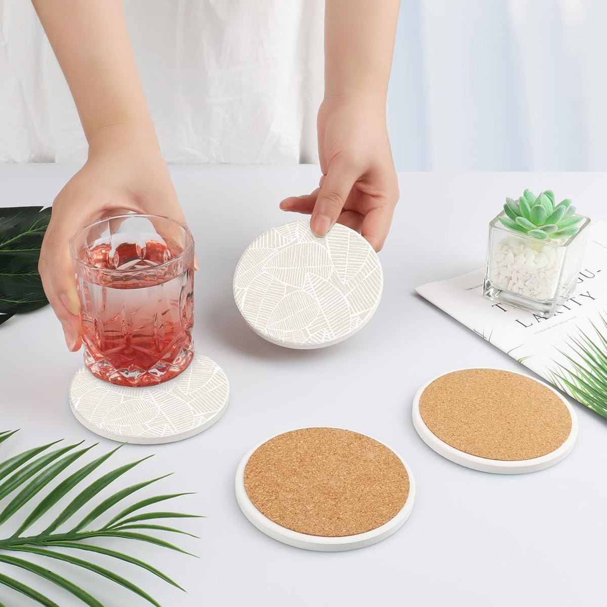 Ceramic Absorbent Table Coasters Set of 2 - Heat-Resistant Desk Cup Coasters with Cork Base, Leaf Design Protect Furniture (2Pack)