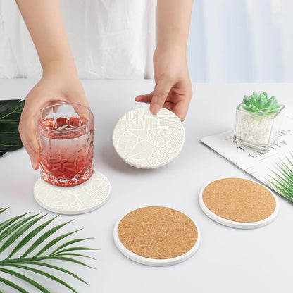 Ceramic Absorbent Table Coasters Set of 2 - Heat-Resistant Desk Cup Coasters with Cork Base, Leaf Design Protect Furniture (2Pack)