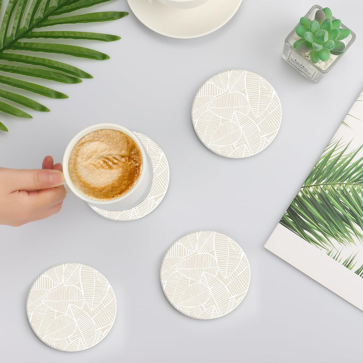 Ceramic Absorbent Table Coasters Set of 2 - Heat-Resistant Desk Cup Coasters with Cork Base, Leaf Design Protect Furniture (2Pack)