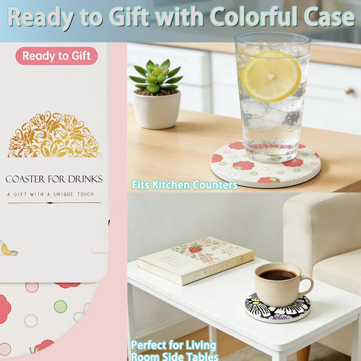 Ceramic Absorbent Table Coasters Set of 2 - Heat-Resistant Desk Cup Coasters with Cork Base, Leaf Design Protect Furniture (2Pack)