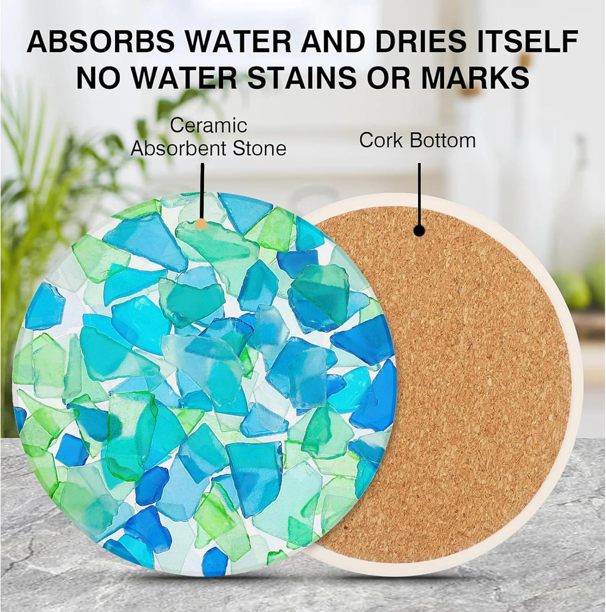 Ceramic Absorbent Table Coasters Set of 2 - Heat-Resistant Desk Cup Coasters with Cork Base, Leaf Design Protect Furniture (2Pack)