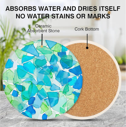 Ceramic Absorbent Table Coasters Set of 2 - Heat-Resistant Desk Cup Coasters with Cork Base, Leaf Design Protect Furniture (2Pack)