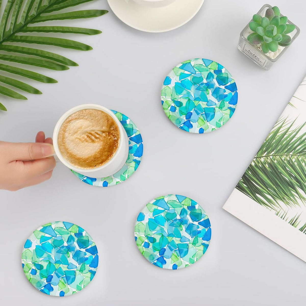 Ceramic Absorbent Table Coasters Set of 2 - Heat-Resistant Desk Cup Coasters with Cork Base, Leaf Design Protect Furniture (2Pack)