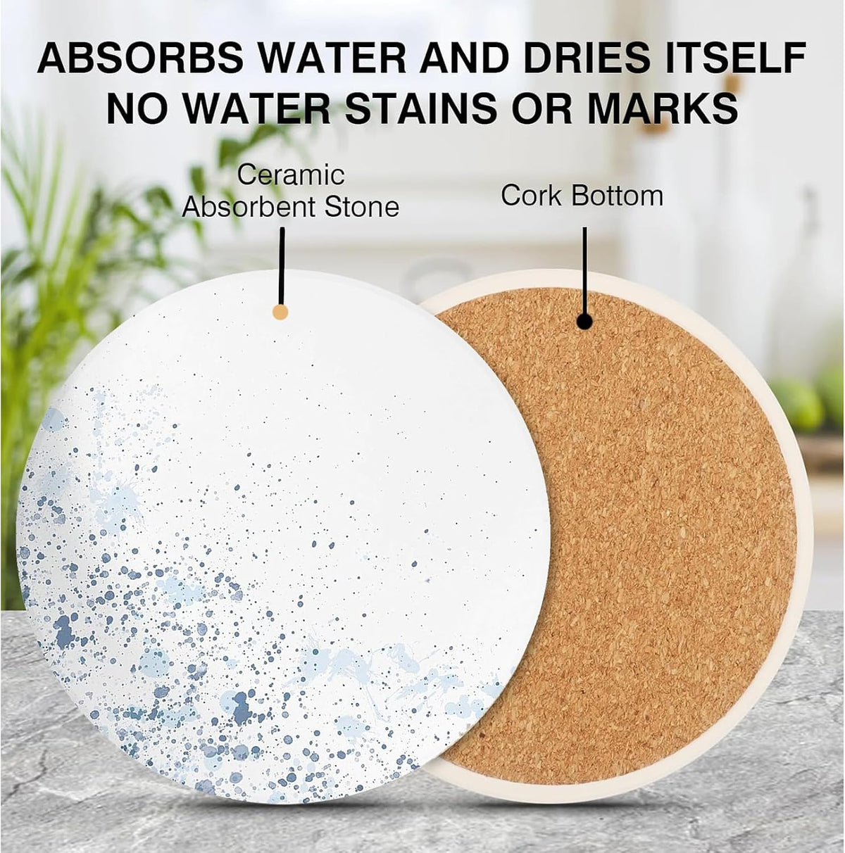 Ceramic Absorbent Table Coasters Set of 2 - Heat-Resistant Desk Cup Coasters with Cork Base, Leaf Design Protect Furniture (2Pack)