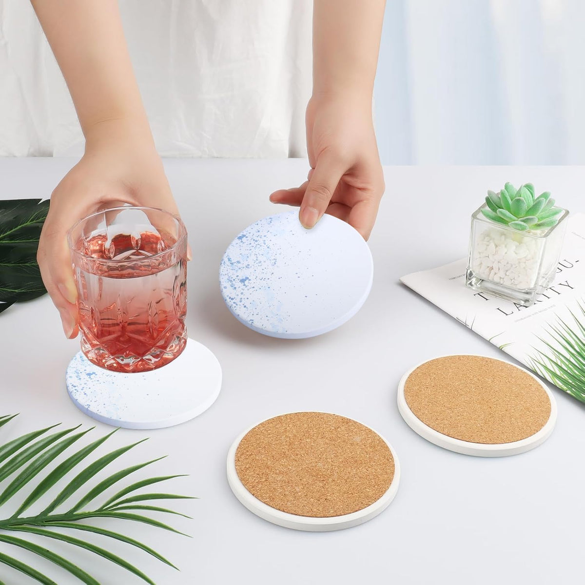 Ceramic Absorbent Table Coasters Set of 2 - Heat-Resistant Desk Cup Coasters with Cork Base, Leaf Design Protect Furniture (2Pack)