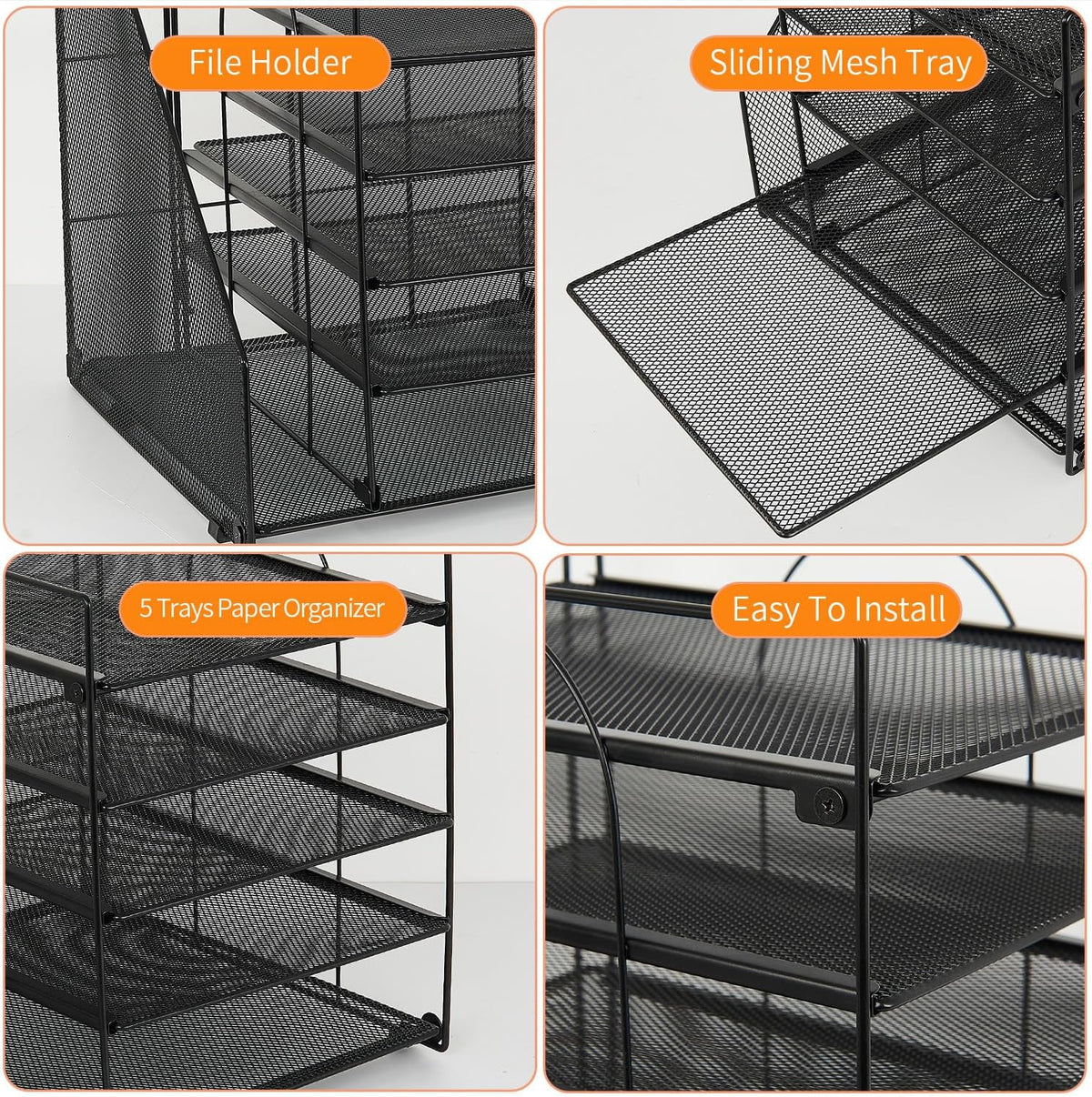 LEKETREE Desk Organizers and Accessories, 5-Tier Paper Letter Tray Organizer with File Holder, Desktop Organizer for Office Supplies (Black)