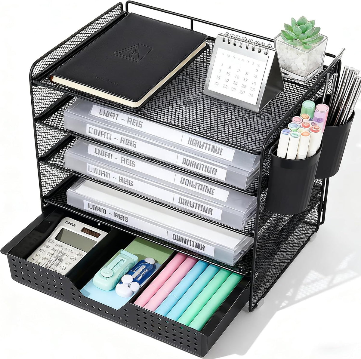 LEKETREE Desk Organizers and Accessories, 5-Tier Paper Letter Tray Organizer with File Holder, Desktop Organizer for Office Supplies (Black)